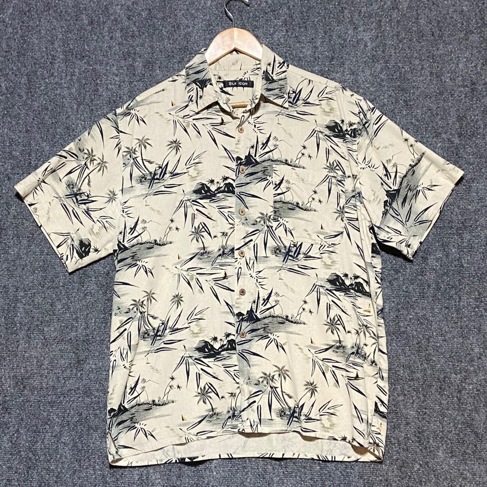 Silk Icon Mens Large 100% Silk Tropical Palm Tree Hawaiian Shirt‎ Cream Black L